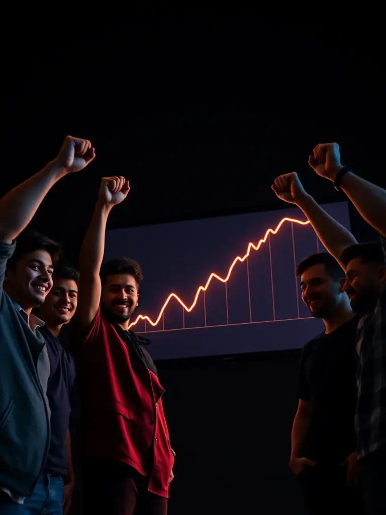 A graph showing exponential growth, with young men celebrating around it, symbolizing the scaling phase of the Betta program.
