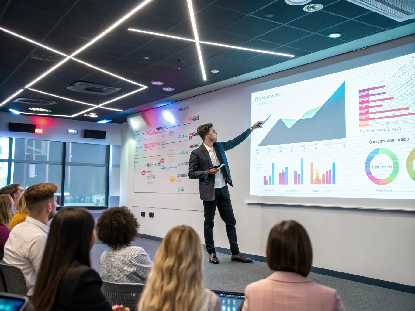 A young man confidently presenting his business idea to a group of investors, showcasing the real-world business skills gained through the Betta program.