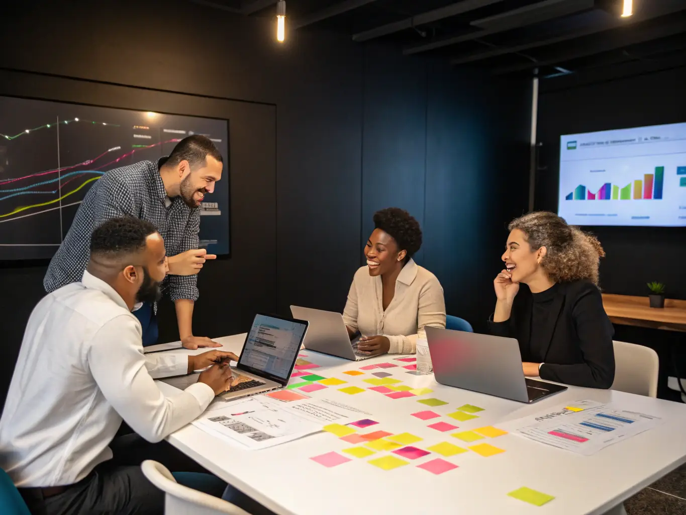 A group of young men collaborating and brainstorming ideas in a vibrant co-working space, highlighting the supportive community aspect of the Betta program.