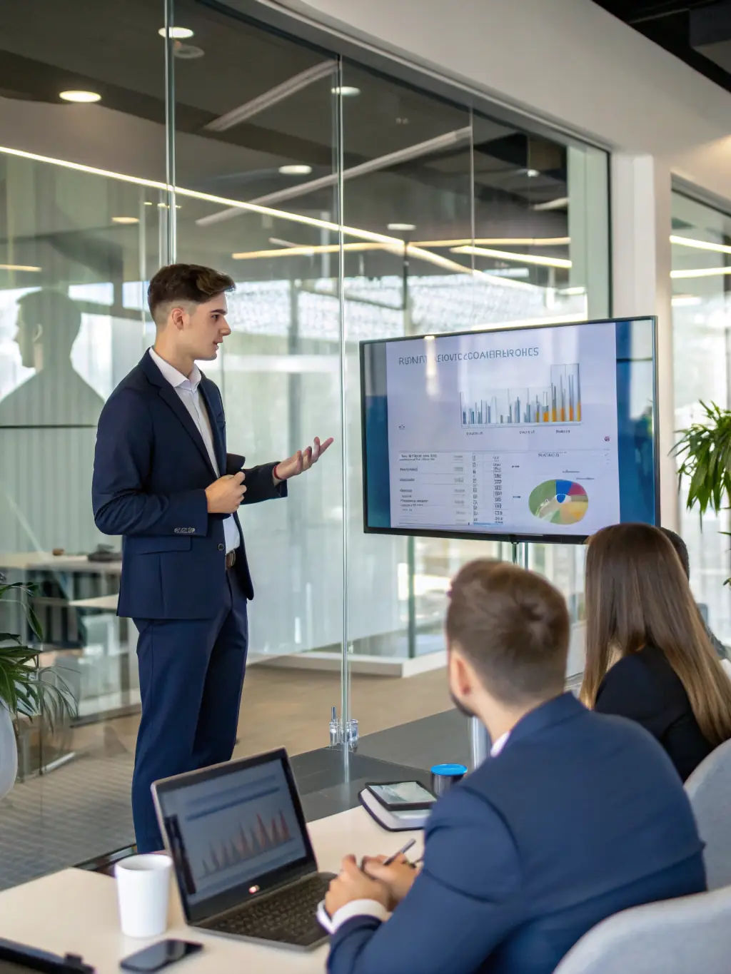 A young man confidently presenting his business idea to a group, highlighting the development of communication and presentation skills.