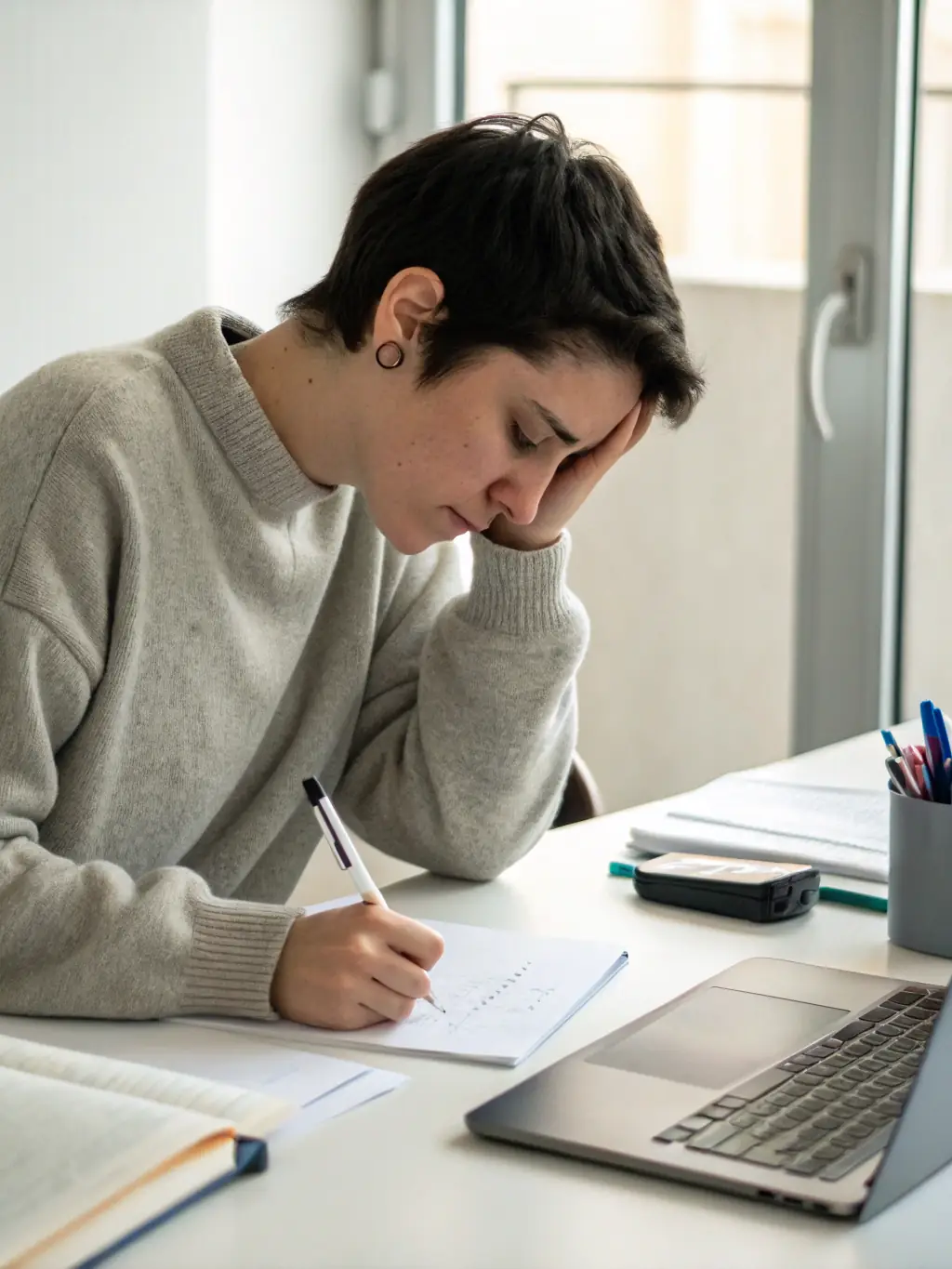 A young man sitting at a desk, looking thoughtfully at a blank notebook, symbolizing the initial idea generation phase of the Betta program.