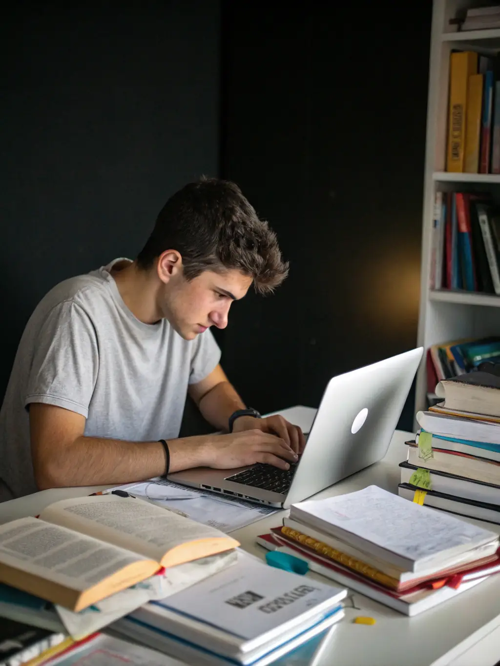 A young man actively working on a laptop, surrounded by notes and diagrams, representing the execution phase of the Betta program.
